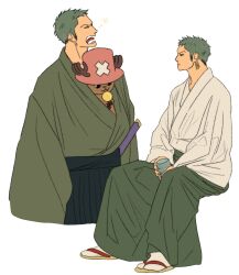 Rule 34 | 2boys, candy, closed eyes, cropped legs, cup, earrings, food, from side, full body, green hair, green kimono, hakama, half-closed eyes, highres, holding, holding candy, holding cup, holding food, holding lollipop, invisible chair, japanese clothes, jewelry, kimono, lollipop, male focus, multiple boys, multiple views, one piece, open mouth, pink headwear, profile, reindeer, roronoa zoro, sandals, short hair, sideburns, simple background, single earring, sitting, squeans, tongue, tongue out, tony tony chopper, under another&#039;s clothes, white background, yaoizhen, yawning, zouri