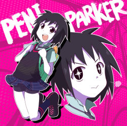 Rule 34 | + +, 1girl, backpack, bag, black eyes, black footwear, black hair, black skirt, black socks, black sweater, black sweater vest, closed mouth, green bag, jumping, ki (adotadot), looking at viewer, marvel, miniskirt, open mouth, peni parker, pink background, school uniform, shirt, shoes, simple background, skirt, smile, socks, solo, spider-man: into the spider-verse, spider-man (series), spider-verse, sweater, sweater vest, white shirt