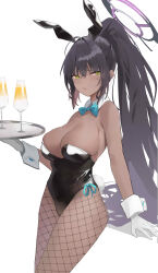 Rule 34 | 1girl, absurdres, animal ears, black hair, black leotard, blue archive, blue bow, blue bowtie, blush, bow, bowtie, breasts, cleavage, closed mouth, commentary, cowboy shot, cup, dark-skinned female, dark skin, detached collar, drinking glass, ear piercing, embarrassed, fake animal ears, fake tail, fishnet pantyhose, fishnets, frown, gloves, halo, highres, holding, holding tray, karin (blue archive), karin (bunny) (blue archive), large breasts, leotard, ljpwow, long hair, looking at viewer, official alternate costume, pantyhose, piercing, playboy bunny, ponytail, rabbit ears, rabbit tail, simple background, solo, standing, strapless, strapless leotard, sweatdrop, tail, tray, white background, white gloves, wine glass, wrist cuffs, yellow eyes