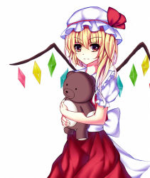 Rule 34 | 1girl, bad id, bad pixiv id, blonde hair, crossed arms, hugging doll, dress, flandre scarlet, hat, hat ribbon, looking at viewer, meng xiao jiong, mob cap, hugging object, pink eyes, puffy short sleeves, puffy sleeves, red dress, ribbon, sash, shirt, short sleeves, side ponytail, solo, stuffed animal, stuffed toy, teddy bear, touhou, wings