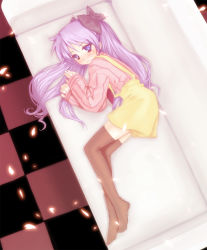 Rule 34 | 00s, 1girl, bad id, bad pixiv id, blush, casual, cherry blossoms, couch, feet, female focus, full body, hair ribbon, hiiragi kagami, long hair, looking back, lucky star, lying, nyoshino, petals, purple eyes, purple hair, ribbon, shirt, smile, solo, striped clothes, striped shirt, suspenders, thighhighs, tiles, tsurime, twintails, zettai ryouiki