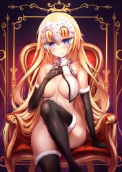 Rule 34 | 1girl, bad id, bad pixiv id, bare shoulders, black gloves, black thighhighs, blonde hair, blue eyes, blush, breasts, chain, chair, closed mouth, collarbone, commentary request, elbow gloves, fate/grand order, fate (series), framed, fur-trimmed gloves, fur-trimmed legwear, fur trim, glint, gloves, hair between eyes, hair in own mouth, halterneck, hand on own chest, hand up, headpiece, heart, heart-shaped pupils, highres, jeanne d&#039;arc (fate), jeanne d&#039;arc (ruler) (fate), jeanne d&#039;arc (third ascension) (fate), jewelry, knee up, large breasts, long hair, looking at viewer, meion, on chair, purple background, ring, shiny clothes, shiny skin, sitting, smile, solo, sparkle, symbol-shaped pupils, thighhighs, very long hair, wedding band