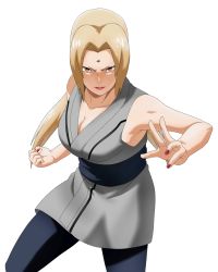 Rule 34 | 1girl, blonde hair, breasts, brown eyes, cleavage, fighting stance, highres, large breasts, lipstick, looking at viewer, makeup, mature female, nail polish, naruto (series), naruto shippuuden, official art, tsunade (naruto)