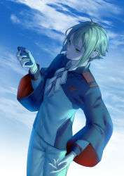 Rule 34 | 1boy, closed mouth, cloud, cloudy sky, earrings, elan ceres, gloves, green eyes, green hair, gundam, gundam suisei no majo, highres, holding, jewelry, lilithbloody, long sleeves, short hair, sky, white gloves, wide sleeves