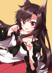 Rule 34 | 1girl, animal ears, brooch, brown hair, dress, fingernails, frilled sleeves, frills, happy, highres, imaizumi kagerou, jewelry, long fingernails, long hair, long sleeves, parted lips, red dress, red eyes, red nails, ruu (tksymkw), simple background, smile, solo, touhou, very long hair, white dress, wide sleeves, wolf ears, yellow background