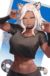 Rule 34 | 1girl, abs, animal ears, black choker, black nails, black pants, breasts, choker, cleavage, collarbone, crop top, dark-skinned female, dark skin, fangs, gyeoggi 3 ban, hands up, highres, korean commentary, large breasts, lips, lipstick, long hair, makeup, maria dacascos, muscular, muscular female, navel, open mouth, pants, red lips, samban doyo, short sleeves, solo, tail, tongue, upper body, white hair, yellow eyes