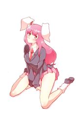 Rule 34 | 1girl, animal ears, arms between legs, black footwear, blazer, blouse, bobby socks, breasts, collar, collared shirt, floppy ears, highres, jacket, loafers, long hair, long sleeves, looking at viewer, medium breasts, medium skirt, necktie, non (z-art), pink hair, pink skirt, rabbit ears, rabbit girl, rabbit tail, red eyes, red necktie, reisen udongein inaba, shirt, shoes, simple background, sitting, skirt, socks, solo, tail, touhou, very long hair, wariza, white background, white shirt