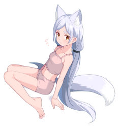 Rule 34 | 1girl, animal ear fluff, animal ears, bare arms, bare legs, bare shoulders, barefoot, breasts, brown eyes, collarbone, extra ears, fox ears, fox girl, fox tail, full body, highres, long hair, looking at viewer, low twintails, midriff, navel, original, saiste, short eyebrows, shorts, simple background, sitting, small breasts, solo, tail, twintails, very long hair, wariza, white background, white hair
