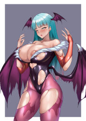 Rule 34 | 1girl, bat wings, blush, breasts, capcom, cleavage, covered navel, demon girl, green eyes, green hair, large breasts, legs, long hair, morrigan aensland, nipple slip, nipples, one eye closed, open mouth, solo, sweat, thick thighs, thighs, tongue, torn clothes, vampire (game), wings
