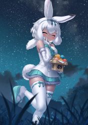 Rule 34 | absurdres, animal ears, blue bow, blue footwear, blue skirt, blush, bow, closed eyes, commentary, detached sleeves, frilled skirt, frilled sleeves, frills, gloves, grey socks, hair bow, highres, kemono friends, moon, night, night sky, pleated skirt, rabbit ears, rabbit girl, rabbit tail, sandals, sh703i, shirt, short hair, skirt, sky, socks, standing, standing on one leg, symbol-only commentary, tail, thighhighs, tsukuyomi shinshi (kemono friends), white gloves, white hair, white shirt, white sleeves, white thighhighs, zettai ryouiki
