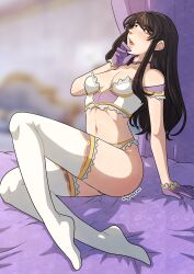 Rule 34 | 1girl, astrid (fire emblem), bed, black hair, bra, breasts, fire emblem, fire emblem: path of radiance, fire emblem: radiant dawn, gloves, heart, heart-shaped pupils, highres, kinkymation, lingerie, long hair, looking at viewer, nintendo, on bed, orange eyes, panties, small breasts, solo, symbol-shaped pupils, thighhighs, thighs, underwear, white panties