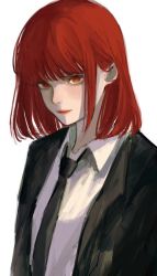 Rule 34 | 1girl, alternate hairstyle, bad id, bad twitter id, black necktie, black suit, blunt bangs, chainsaw man, closed mouth, formal, highres, inuo (inuo x), makima (chainsaw man), necktie, neckwear request, orange eyes, red hair, red lips, short hair, simple background, smile, solo, suit, white background