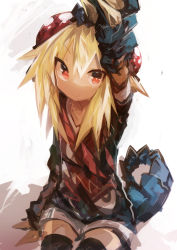 Rule 34 | 1girl, absurdres, animal hands, arm up, black thighhighs, blonde hair, blue shirt, claws, extra eyes, highres, kaamin (mariarose753), long hair, looking at viewer, monster girl, orange eyes, original, red shirt, reptile girl, shadow, shirt, short sleeves, shorts, simple background, sitting, smile, solo, tail, thighhighs, tokage (kaamin), upper body, white background, white shorts