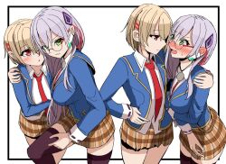 Rule 34 | 2girls, blonde hair, blue jacket, blush, breasts, glasses, green eyes, grey hair, hair ornament, hair over one eye, hair over shoulder, hairclip, heaven burns red, izumi yuki (heaven burns red), jacket, kayamori ruka, kenpi (hs-totyu), long hair, long sleeves, low-tied long hair, multiple girls, multiple views, necktie, one eye covered, open mouth, red eyes, red necktie, round eyewear, school uniform, shirt, short hair, skirt, white shirt, yuri