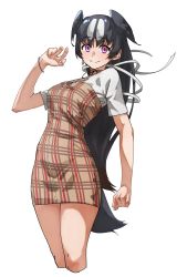 Rule 34 | alternate costume, black hair, black neckwear, bracelet, brown dress, casual, commentary request, cowboy shot, dress, great auk (kemono friends), hair tie, highres, jewelry, kemono friends, long hair, multicolored hair, pencil dress, pleated dress, purple eyes, shirt, short sleeves, simple background, solo, t-shirt, tanabe (fueisei), two-tone hair, white background, white hair, white shirt