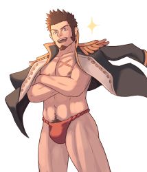 Rule 34 | 1boy, abs, bara, blue eyes, brown hair, facial hair, fate/grand order, fate (series), fundoshi, goatee, hierotubas, highres, large pectorals, long sideburns, looking at viewer, male focus, male underwear, muscular, napoleon bonaparte (fate), pectorals, red fundoshi, revealing clothes, scar, sideburns, smile, solo, topless male, underwear, white male underwear