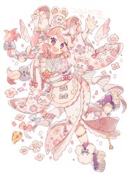 Rule 34 | 1girl, 2020, :&lt;, :d, animal, animal on head, ankle bow, ankle ribbon, ankle strap, blush, bow, braid, cheese, chinese zodiac, clenched hand, commentary request, floral print, flower, food, fork, full body, hair bow, happy new year, highres, japanese clothes, kimono, knees together feet apart, leg ribbon, looking at viewer, maid headdress, mouse (animal), mouse girl, mouse on head, multicolored hair, nengajou, new year, on head, open mouth, original, outstretched arm, pastel colors, pink hair, platform footwear, purple eyes, ribbon, sash, simple background, smile, solo, two-tone hair, uekura eku, white background, white hair, wide sleeves, year of the rat