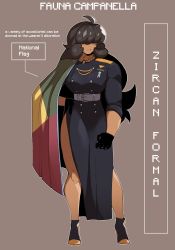 Rule 34 | 1girl, ahoge, belt, black dress, black gloves, brown background, buttons, cape, closed mouth, contrapposto, covered eyes, curly hair, double-breasted, dress, english text, gloves, hair over eyes, hand on own hip, high heels, highres, long sleeves, nyantcha, original, side slit, simple background, solo, standing, white belt