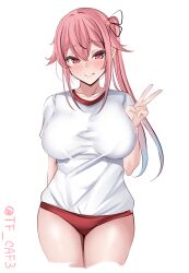 Rule 34 | 1girl, :d, absurdres, alternate breast size, blue hair, blush, breasts, buruma, commentary request, gradient hair, gym shirt, gym uniform, hair ornament, hair ribbon, harusame (kancolle), highres, kantai collection, large breasts, long hair, looking at viewer, multicolored hair, open mouth, pink hair, red buruma, red eyes, ribbon, shirt, short sleeves, side ponytail, simple background, smile, solo, tf cafe, twitter username, v, white background, white shirt