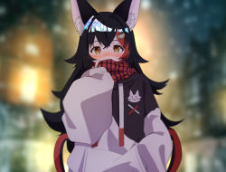 Rule 34 | 1girl, animal ear fluff, animal ears, black hair, blurry, blurry background, blush, brown eyes, commentary request, covering own mouth, daichi (daichi catcat), hair ornament, hand in pocket, hololive, jacket, long hair, long sleeves, looking at viewer, multicolored hair, nose blush, ookami mio, ookami mio (casual), red hair, scarf, scarf over mouth, solo, streaked hair, upper body, virtual youtuber, wolf ears, wolf girl
