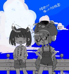 Rule 34 | 2girls, puff of air, ahoge, ahoge wag, alternate costume, blade, blue sky, blunt bangs, blush, bow, closed eyes, clothes lift, cloud, cloudy sky, collarbone, commentary request, day, eel hat, expressive hair, fang, feet out of frame, fukomo, furrowed brow, glasses, greyscale, guard rail, hair bow, hair ornament, hairclip, halftone, hands on own hips, headgear, highres, hot, lifting own clothes, long hair, low twintails, midriff peek, monochrome, multiple girls, navel, open mouth, otomachi una, otomachi una (talkex), outdoors, overalls, rectangular eyewear, semi-rimless eyewear, shirt, shirt lift, shorts, sky, smile, smug, spot color, standing, striped, striped bow, summer, sweat, t-shirt, talkex, touhoku kiritan, translation request, twintails, v-shaped eyebrows, visor cap, voiceroid, wavy mouth, wilted ahoge