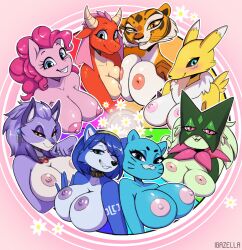 Rule 34 | 6+girls, :3, animal ears, animal nose, aqua eyes, arm tattoo, artist name, artist self-insert, asymmetrical docking, black eyes, black sclera, blue eyes, blue fur, blue gemstone, blue hair, blush, body freckles, body fur, border, breast press, breasts, brown choker, brown fur, cat ears, cat girl, choker, circlet, closed mouth, collarbone, color wheel challenge, colored sclera, colored skin, completely nude, creatures (company), crossover, digimon, digimon (creature), dragon girl, earrings, facial mark, fang, fangs, female focus, flower, fox ears, fox girl, freckles, furry, furry female, game freak, gem, green eyes, green fur, green hair, grin, hairband, half-closed eye, half-closed eyes, hand on own chest, hand up, happy, highres, horns, horse ears, horse girl, huge breasts, igazella, inverted nipples, isabella (seiken densetsu 3), jewelry, krystal, kung fu panda, large breasts, looking at viewer, medium breasts, medium hair, meowscarada, multicolored fur, multicolored skin, multiple crossover, multiple drawing challenge, multiple girls, my little pony, my little pony: friendship is magic, neck fur, necklace, nicole watterson, nintendo, nipples, nose blush, nude, one eye closed, open mouth, orange eyes, orange fur, original, outline, outside border, personification, pink border, pink fur, pink hair, pinkie pie, pokemon, pokemon (creature), purple fur, purple hair, purple sclera, rainbow gradient, red eyes, red gemstone, red skin, renamon, ring, round image, seiken densetsu, seiken densetsu 3, shiny skin, short hair, smile, snout, star fox, tattoo, teeth, the amazing world of gumball, tiger ears, tiger girl, tigress (kung fu panda), tongue, tongue out, two-tone fur, two-tone skin, uneven eyes, upper body, v-shaped eyebrows, watermark, whisker markings, whiskers, white flower, white fur, white outline, wink, yellow fur, yellow hairband, yellow horns, yellow sclera, yellow skin