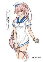 Rule 34 | 1girl, blue sailor collar, clothes pull, commentary request, cosplay, cowboy shot, depth charge, dress, dress pull, hair flaps, hair ribbon, hat, hiburi (kancolle), hiburi (kancolle) (cosplay), kantai collection, long hair, one-hour drawing challenge, pink hair, ponytail, ribbon, sailor collar, sailor dress, sailor hat, short dress, short sleeves, simple background, solo, suda (yuunagi enikki), very long hair, white background, white dress, white hat, yura (kancolle)