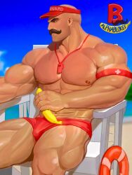 1boy abs armband banana bara beach blurry blurry_background braum_(league_of_legends) bulge facial_hair food fruit iblokes inflatable_armbands league_of_legends lifeguard lifeguard_chair male_swimwear muscular muscular_male mustache non-web_source pectorals red_armband red_visor swim_briefs thick_mustache visor_cap whistle whistle_around_neck