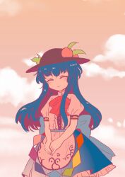 Rule 34 | 1girl, apron, back bow, black hat, blue hair, blue skirt, bow, bowtie, center frills, closed eyes, closed mouth, cloud, facing viewer, frilled skirt, frills, hat, highres, hinanawi tenshi, large bow, leaf hat ornament, long hair, outdoors, own hands together, peach hat ornament, puffy short sleeves, puffy sleeves, rainbow order, red bow, red bowtie, rin tarou, shirt, short sleeves, sidelocks, skirt, sky, solo, touhou, white shirt