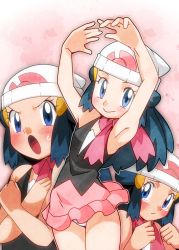 Rule 34 | 1girl, beanie, blue eyes, blue hair, blush, breasts, closed mouth, creatures (company), dawn (pokemon), game freak, hainchu, hair ornament, hat, long hair, looking at viewer, midriff, multiple views, nintendo, official style, open mouth, panties, pokemon, pokemon (anime), pokemon dppt (anime), scarf, skirt, small breasts, smile, underwear