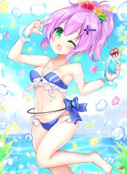 Rule 34 | 1girl, ;d, azur lane, bare shoulders, barefoot, bikini, blue bikini, blue bow, blue flower, blurry, blurry background, blush, bow, breasts, cleavage, commentary request, cup, day, depth of field, drinking glass, flower, food, fruit, green eyes, hair flower, hair ornament, halterneck, highres, holding, holding cup, horizon, javelin (azur lane), javelin (beach picnic!) (azur lane), medium breasts, navel, ocean, official alternate costume, one eye closed, open mouth, ponytail, purple hair, red flower, shikito (yawa0w0), smile, solo, standing, standing on one leg, strawberry, swimsuit, wafer stick, water, yellow flower