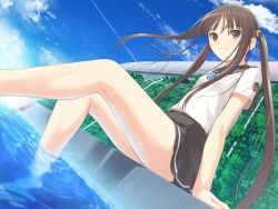 Rule 34 | 00s, 1girl, black eyes, black hair, breasts, brown eyes, brown hair, caustics, day, dutch angle, fault!!, fence, flat chest, game cg, legs, light smile, long hair, long legs, outdoors, panties, pool, poolside, ripples, school uniform, sky, small breasts, smile, solo, sugiyama mio, tony taka, twintails, underwear, water
