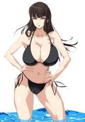 Rule 34 | 1girl, :o, bikini, bra, breasts, brown eyes, brown hair, cleavage, girls und panzer, hands on own hips, highres, large breasts, long hair, looking at viewer, mature female, navel, nishizumi shiho, panties, side-tie panties, sitting, solo, sweat, swimsuit, thighs, tsubooi, underwear, wading, water, white background