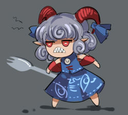 Rule 34 | 1girl, angry, bare shoulders, barefoot, blue dress, blue ribbon, chibi, closed mouth, dress, fork, grey background, grey hair, horns, looking to the side, off shoulder, pointy ears, raptor7, red eyes, red sleeves, ribbon, shadow, sharp teeth, short hair, short sleeves, simple background, solo, standing, teeth, touhou, toutetsu yuuma, weapon