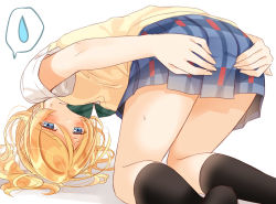 Rule 34 | 1girl, ayase eli, black socks, blonde hair, blue eyes, blush, bow, bowtie, commentary request, green bow, green bowtie, half-closed eyes, hands on own ass, kneehighs, kneeling, looking at viewer, love live!, love live! school idol project, mogu (au1127), ponytail, school uniform, short sleeves, skirt, socks, solo, spoken sweatdrop, striped bow, striped bowtie, striped clothes, striped neckwear, sweat, sweatdrop, sweater vest, tears, thighs, white background