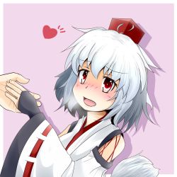 Rule 34 | 1girl, animal ears, blush, breasts, bridal gauntlets, detached sleeves, happy, hat, heart, holding hands, inubashiri momiji, kourindou tengu costume, open mouth, pink background, red eyes, sashimi (magureatari), short hair, silver hair, simple background, solo focus, tail, tokin hat, touhou, wolf ears, wolf tail