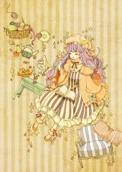Rule 34 | 1girl, apple, candle, chair, checkerboard cookie, closed eyes, cookie, dress, female focus, food, fruit, hat, index finger raised, long hair, multicolored hair, patchouli knowledge, pincushion, saucer, solo, star (symbol), striped background, striped clothes, striped dress, table, takanashi minato, teapot, touhou, yarn, yarn ball