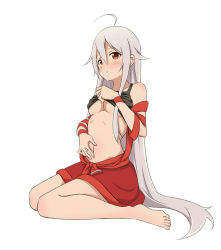 Rule 34 | 1girl, ahoge, barefoot, blush, breasts, chiya (urara meirochou), clothes lift, collarbone, feet, full body, highres, lifting own clothes, long hair, looking at viewer, medium breasts, motsutoko, navel, no bra, open mouth, red eyes, shirt lift, silver hair, simple background, sitting, solo, toes, underboob, urara meirochou, very long hair, white background