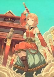 Rule 34 | 1girl, boots, chinese text, cloud, commentary request, detached sleeves, genderswap, genderswap (mtf), hair ornament, holding, holding weapon, journey to the west, monkey, monkey tail, orange eyes, orange hair, original, peroncho, pointy ears, rock, rope, ruyi jingu bang, sitting, sleeveless, staff, sun wukong, tail, translated, weapon