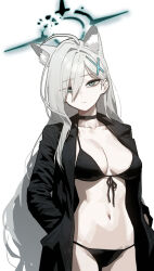 Rule 34 | 1girl, ahoge, animal ear fluff, animal ears, bikini, black bikini, black choker, black coat, blue archive, blue eyes, breasts, broken halo, choker, closed mouth, coat, commentary request, cowboy shot, cross, cross hair ornament, dark halo, expressionless, extra ears, front-tie bikini top, front-tie top, grey hair, hair between eyes, hair ornament, hair over shoulder, halo, hands in pockets, highres, inverted cross, long hair, long sleeves, looking at viewer, medium breasts, navel, semu (zgom1251129), shiroko (blue archive), shiroko terror (blue archive), simple background, solo, standing, swimsuit, trench coat, very long hair, white background