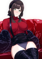 1girl black_footwear black_hairband black_skirt boots breasts closed_mouth commentary_request freckles green_eyes hairband highres kantai_collection large_breasts long_hair looking_at_viewer mogador_(kancolle) mogador_(saury_festival)_(kancolle) official_alternate_costume overall_skirt panties reclining red_sweater shawl sidelocks simple_background sitting skirt skirt_rolled_up solo sweater thigh_boots thighs tirasi_(so) turtleneck turtleneck_sweater underwear variant_set white_background