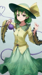 Rule 34 | 1girl, absurdres, blouse, closed mouth, commentary, english commentary, eyeball, green background, green eyes, green hair, green hat, green skirt, hat, highres, komeiji koishi, long sleeves, looking at viewer, mac star, medium hair, shirt, skirt, smile, solo, third eye, touhou, yellow shirt