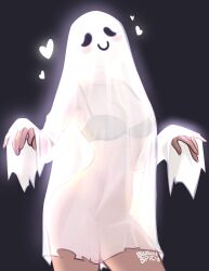 Rule 34 | 1girl, arched back, artist name, blush stickers, blushyspicy, breasts, cleavage, cowboy shot, facing viewer, ghost costume, halloween costume, heart, highres, large breasts, long sleeves, no panties, original, smile, solo, torn clothes
