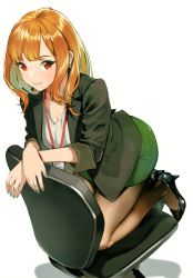 Rule 34 | 1girl, absurdres, chair, closed mouth, doushimasho, fingernails, full body, green nails, high heels, highres, id card, long hair, looking at viewer, miniskirt, nail polish, office chair, orange hair, original, pantyhose, pencil skirt, red eyes, scan, shadow, simple background, skirt, sleeves rolled up, solo, swivel chair, third-party source, white background