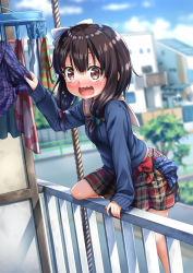 Rule 34 | 1girl, black hair, blue shirt, blurry, blurry background, bow, brown eyes, climbing, clothes theft, commentary request, day, depth of field, green bow, hair between eyes, hair bow, highres, house, itakurakou1993, long hair, long sleeves, looking at viewer, open mouth, original, outdoors, plaid, plaid skirt, pleated skirt, railing, red bow, red skirt, rope, sailor collar, school uniform, serafuku, shirt, skirt, sleeves past wrists, solo, tears, theft, underwear, underwear theft, wavy mouth, white sailor collar