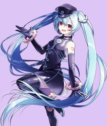 Rule 34 | 1girl, absurdres, anklet, aqua hair, bare shoulders, black dress, black headwear, black thighhighs, bracelet, cuffs, disc, dress, elbow gloves, gear print, gears, gloves, hand up, handcuffs, hatsune miku, highres, jewelry, leg up, looking at viewer, open mouth, purple background, rain (aaru), red eyes, sadistic music factory (vocaloid), shiny clothes, shoulder tattoo, sleeveless, sleeveless dress, smile, solo, tattoo, thighhighs, twintails, vocaloid