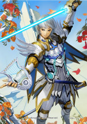 Rule 34 | 10s, 1boy, androgynous, arm up, armor, bishounen, blue eyes, breastplate, capelet, cardfight!! vanguard, character name, company name, day, energy sword, fantasy, faulds, fingerless gloves, flower, full armor, gloves, greaves, grey hair, holding, holding sword, holding weapon, instrument, knight of the harp tristan, light smile, lyre, male focus, neon trim, official art, outdoors, outstretched arm, pauldrons, petals, rapier, royal paladin, scabbard, sheath, short hair, shoulder armor, sky, smile, solo, standing, sword, takayama toshiaki, tategoto no kishi tristan, vambraces, weapon