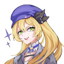 Rule 34 | 1girl, blonde hair, character request, copyright request, green eyes, hair ornament, hat, open mouth, rarumi9, smile, teeth, upper teeth only, white background