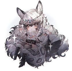 Rule 34 | absurdres, animal ear fluff, animal ears, arknights, baocaizi, belt, belt buckle, big hair, black belt, black footwear, blush, boots, braid, brown eyes, brown thighhighs, buckle, commentary request, dress, fringe trim, full body, fur-trimmed boots, fur trim, hair between eyes, hands up, high heel boots, high heels, highres, knee boots, long hair, long sleeves, parted lips, pelvic curtain, pramanix (arknights), side braids, silver hair, simple background, solo, sparkle, tail, thighhighs, turtleneck, turtleneck dress, twin braids, very long hair, white background, white dress, wide sleeves