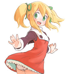 Rule 34 | 1girl, :d, alternate hairstyle, bad id, bad pixiv id, blonde hair, blush, capcom, clothes lift, done (donezumi), dress, dress lift, female focus, green eyes, hair ribbon, happy, long sleeves, looking at viewer, looking back, mega man (classic), mega man (series), open mouth, outstretched arms, panties, pantyshot, ribbon, roll (mega man), short hair, simple background, smile, solo, twintails, underwear, upskirt, white background, white panties